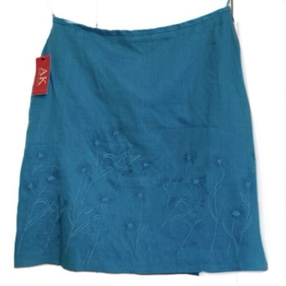 ANN KLEIN Blue LINEN Skirt Embroidered Floral A Line Lined Womens 12 Petite